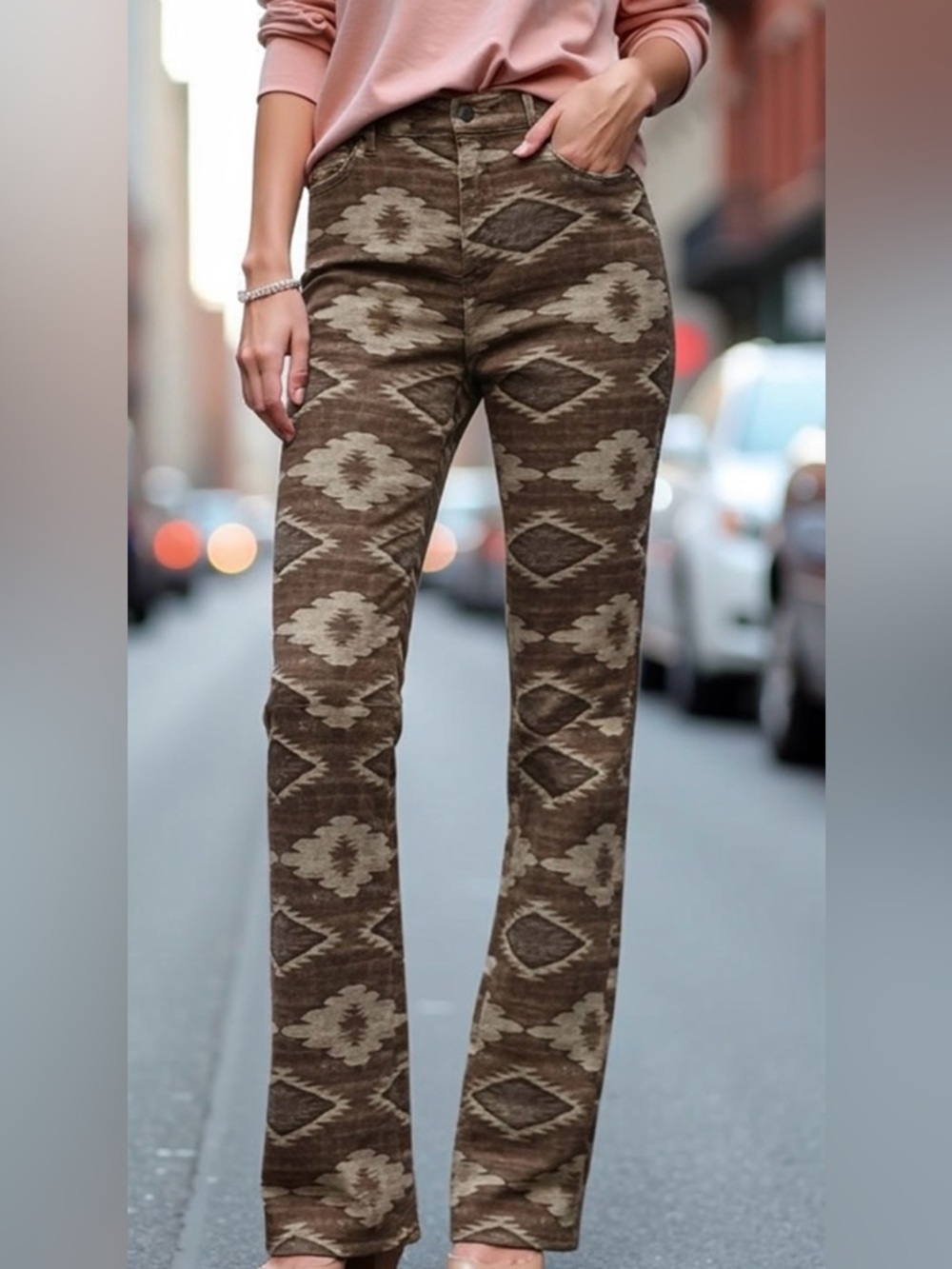 LAUREN RALPH LAUREN Jeans Straight Tan Brown Aztec Western Print Denim sz 6